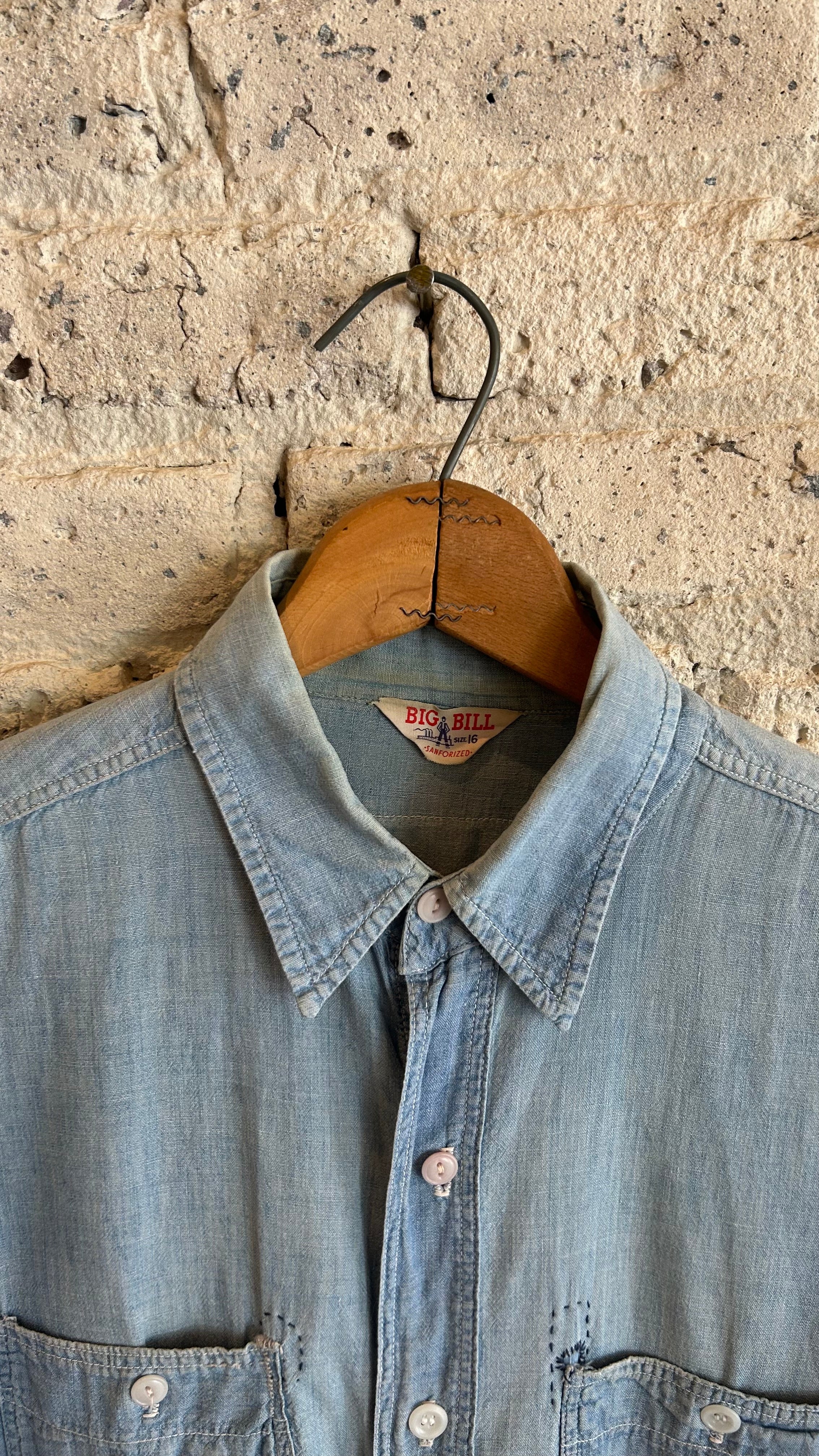 1960's Big Bill Chambray Shirt with Sashiko Repairs in Light Blue - Image 3