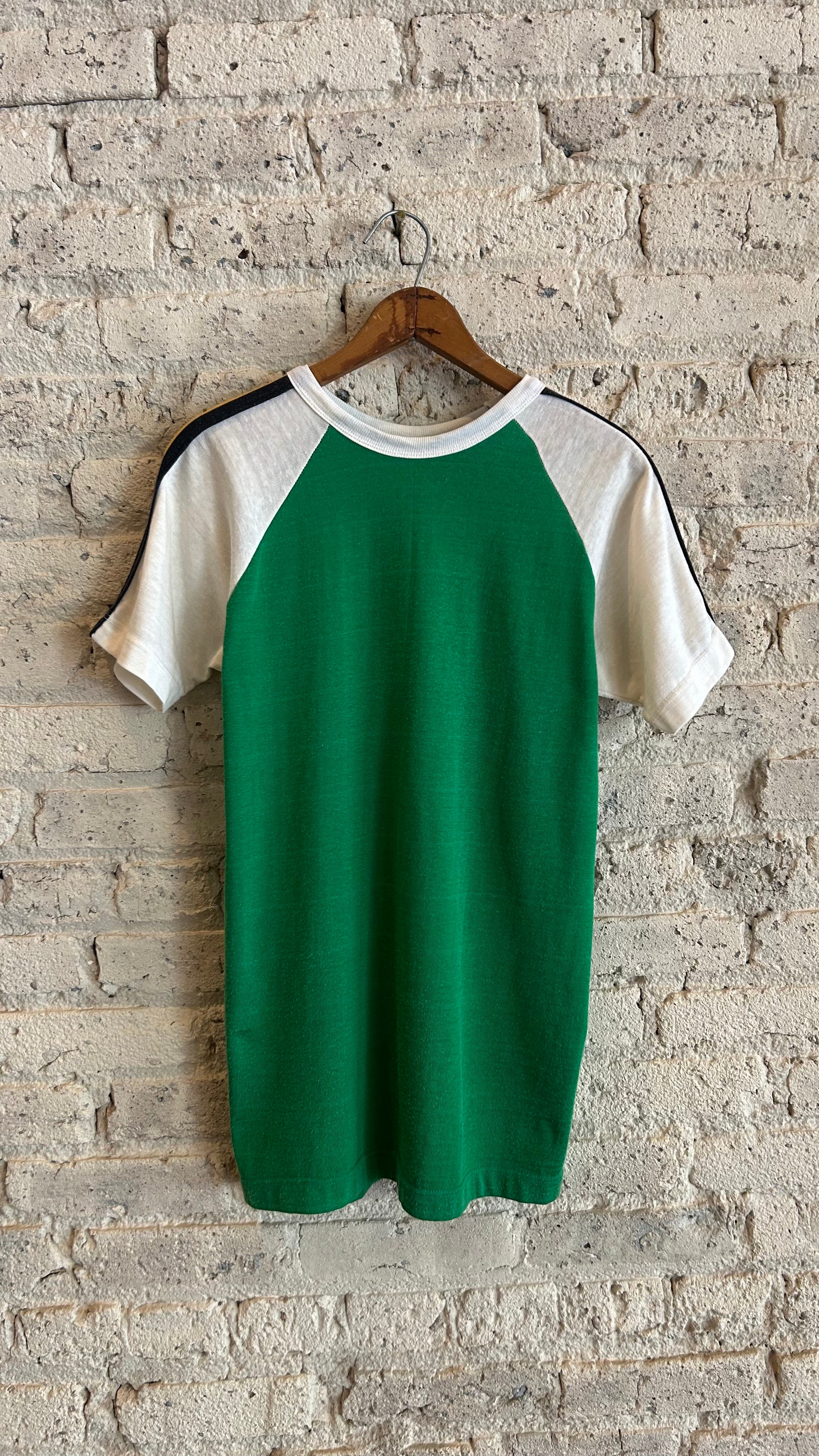 1970's Rawlings Raglan Sleeve Jersey T-Shirt with Striped Ribbing in Green/Yellow