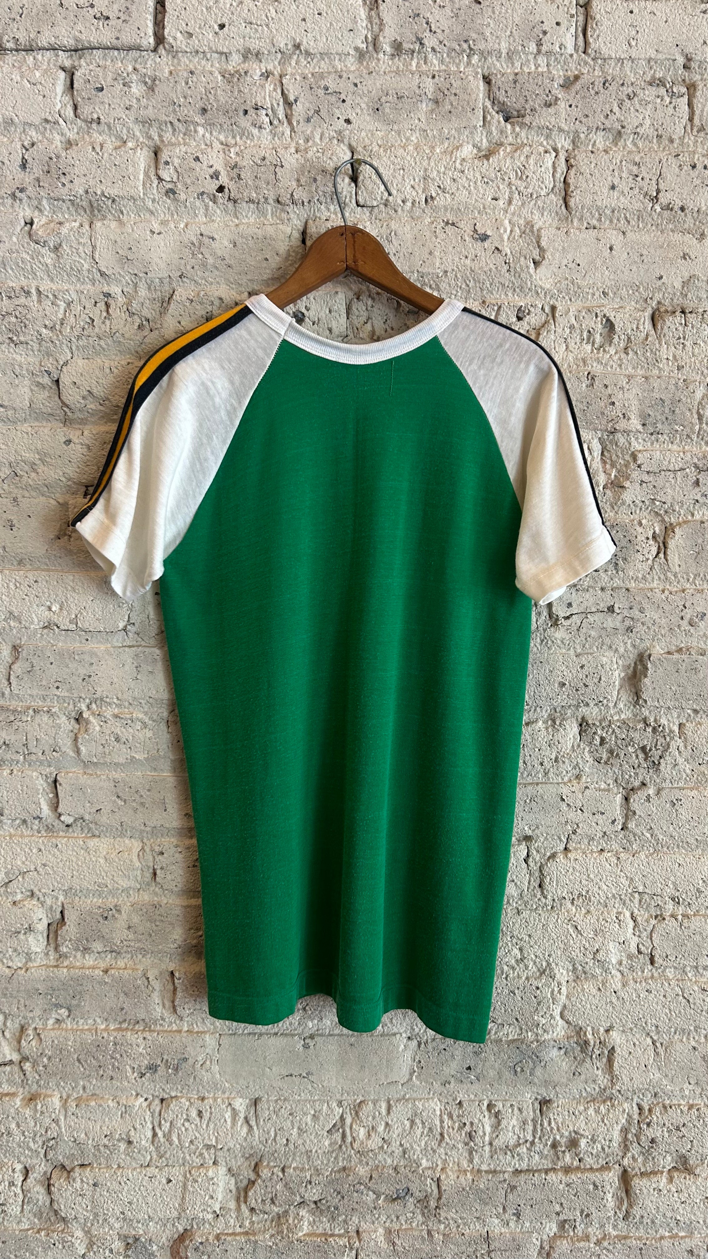 1970's Rawlings Raglan Sleeve Jersey T-Shirt with Striped Ribbing in Green/Yellow - Image 2