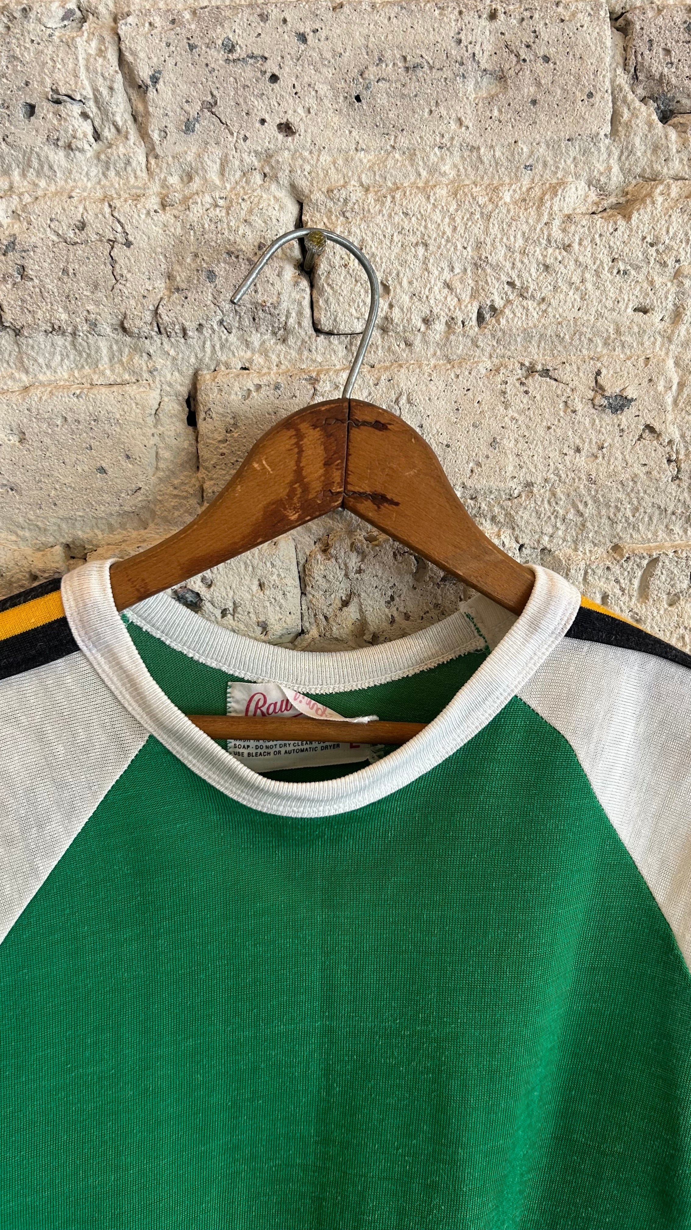 1970's Rawlings Raglan Sleeve Jersey T-Shirt with Striped Ribbing in Green/Yellow - Image 3
