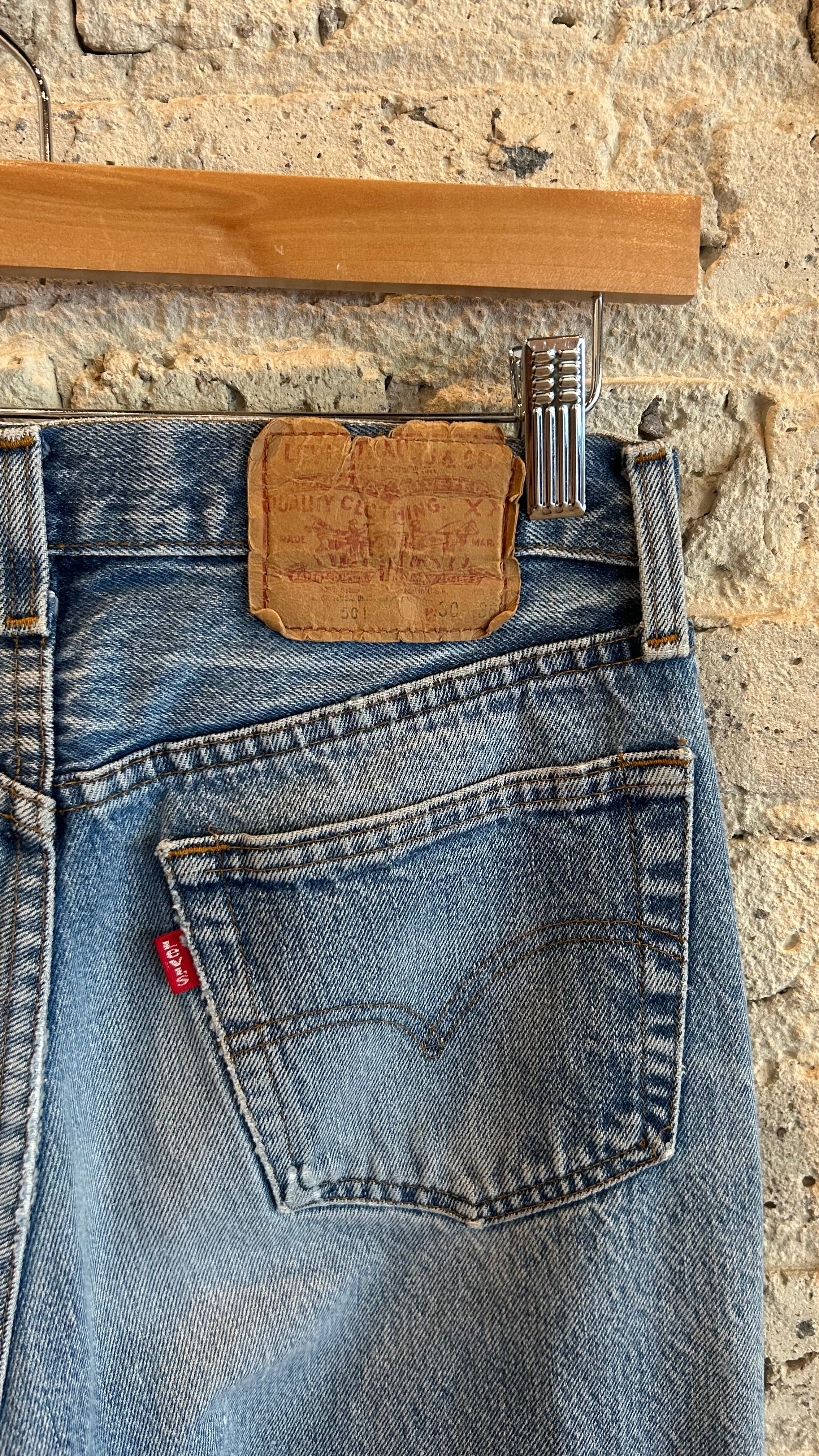 1980's Levi's 501 Distressed and Patchworked Jean in Light Blue - Image 3