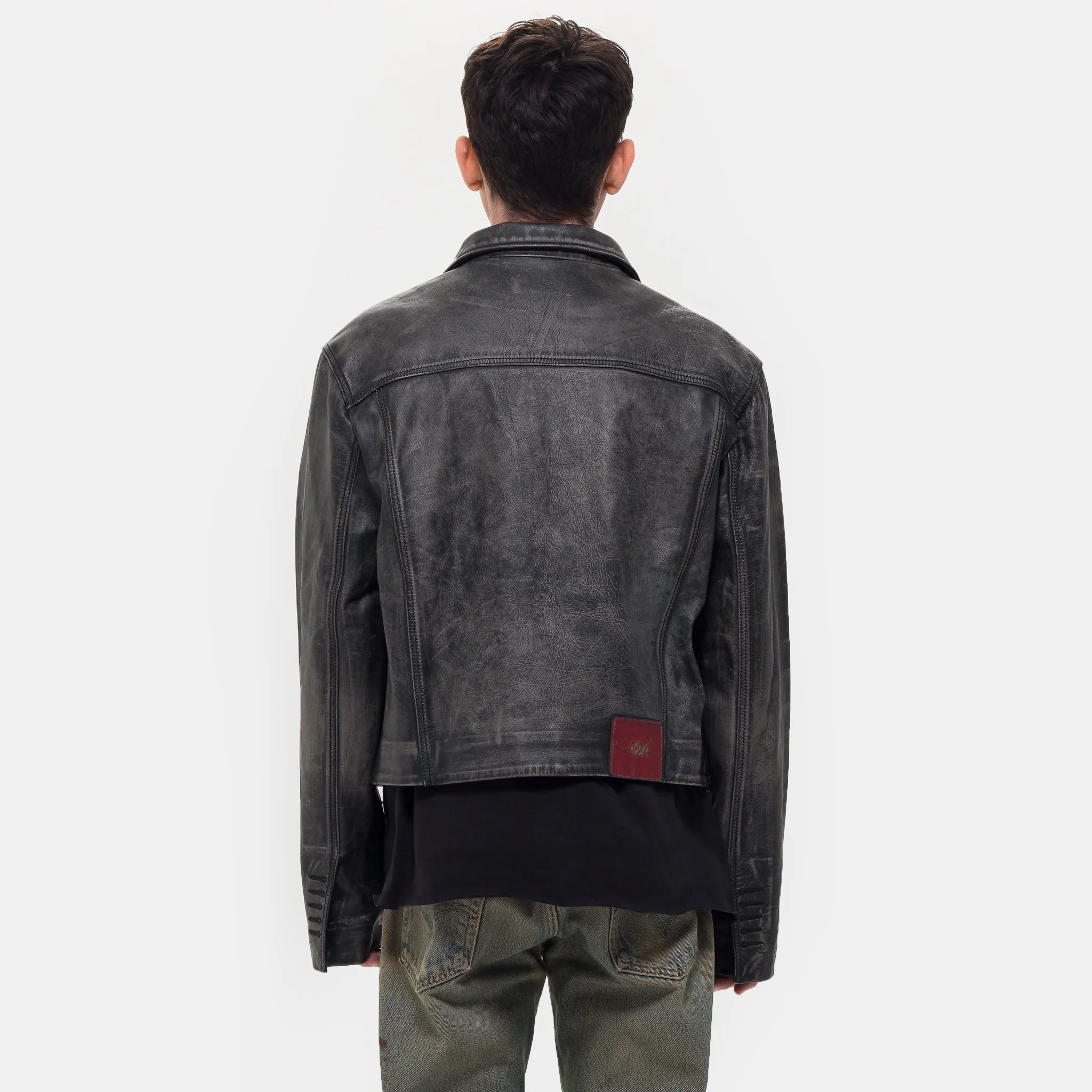 424 Leather Trucker Jacket in Black - Image 3