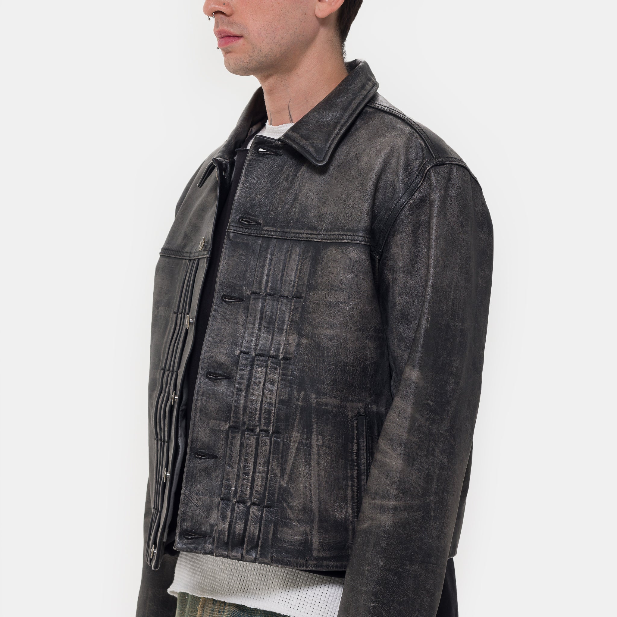 424 Leather Trucker Jacket in Black - Image 4