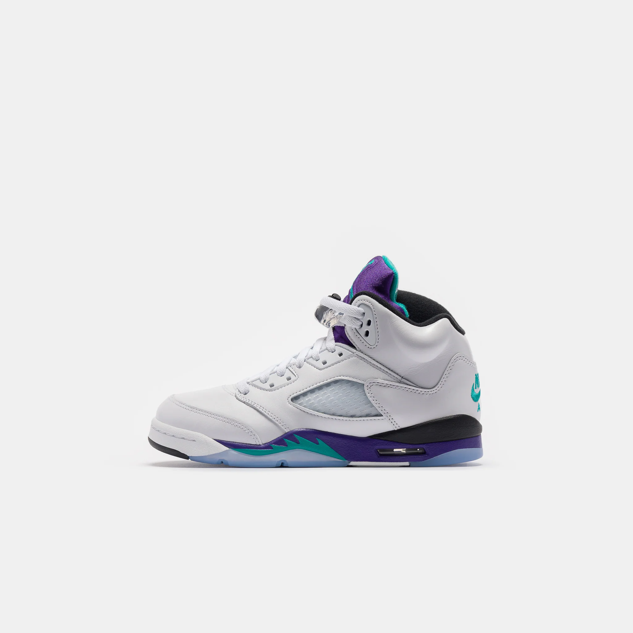 Air Jordan 5 Retro Grade School Sneaker in White/New Emerald/Grape Ice/Black