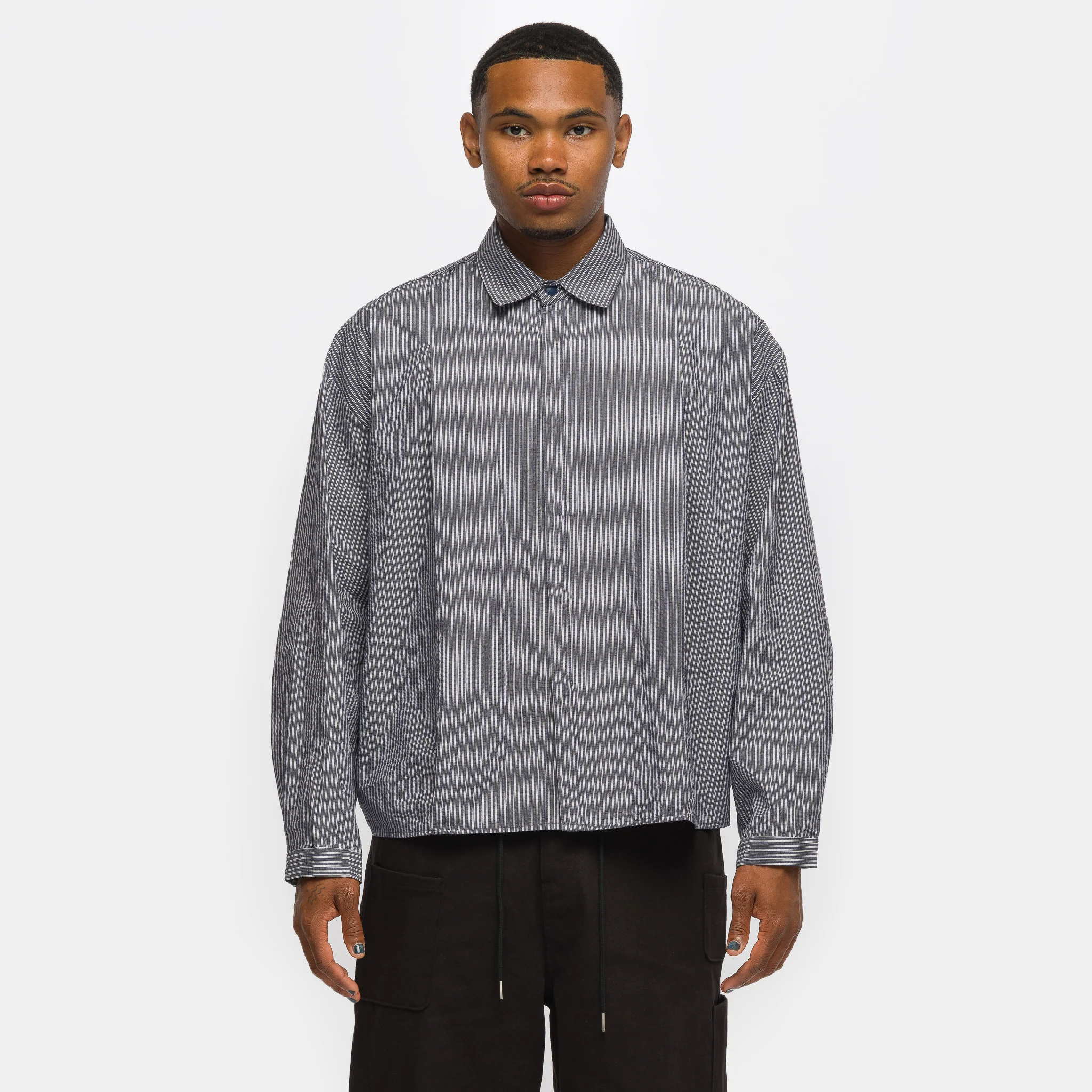 Boxy Pleated Shirt in Navy Stripe