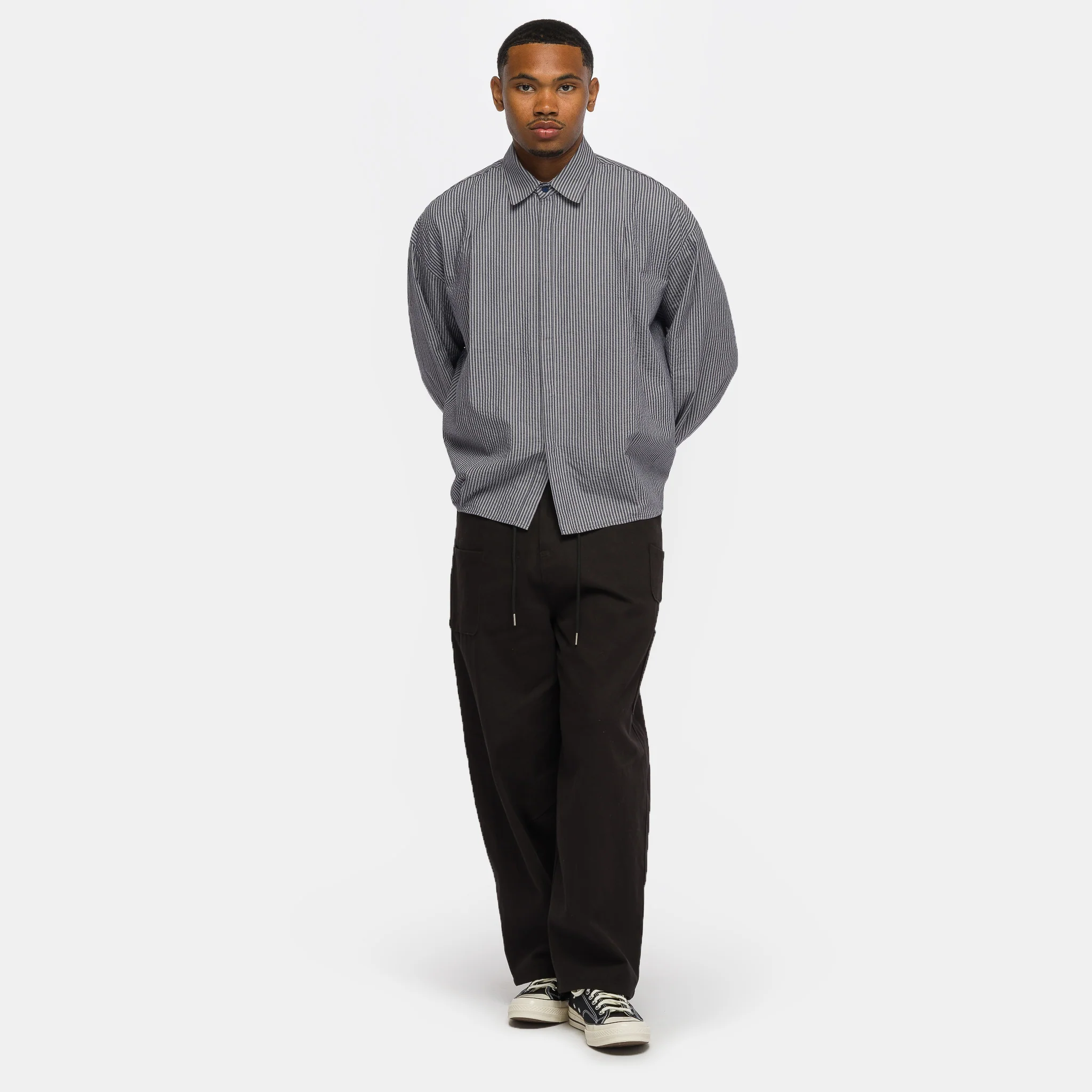 Boxy Pleated Shirt in Navy Stripe - Image 2
