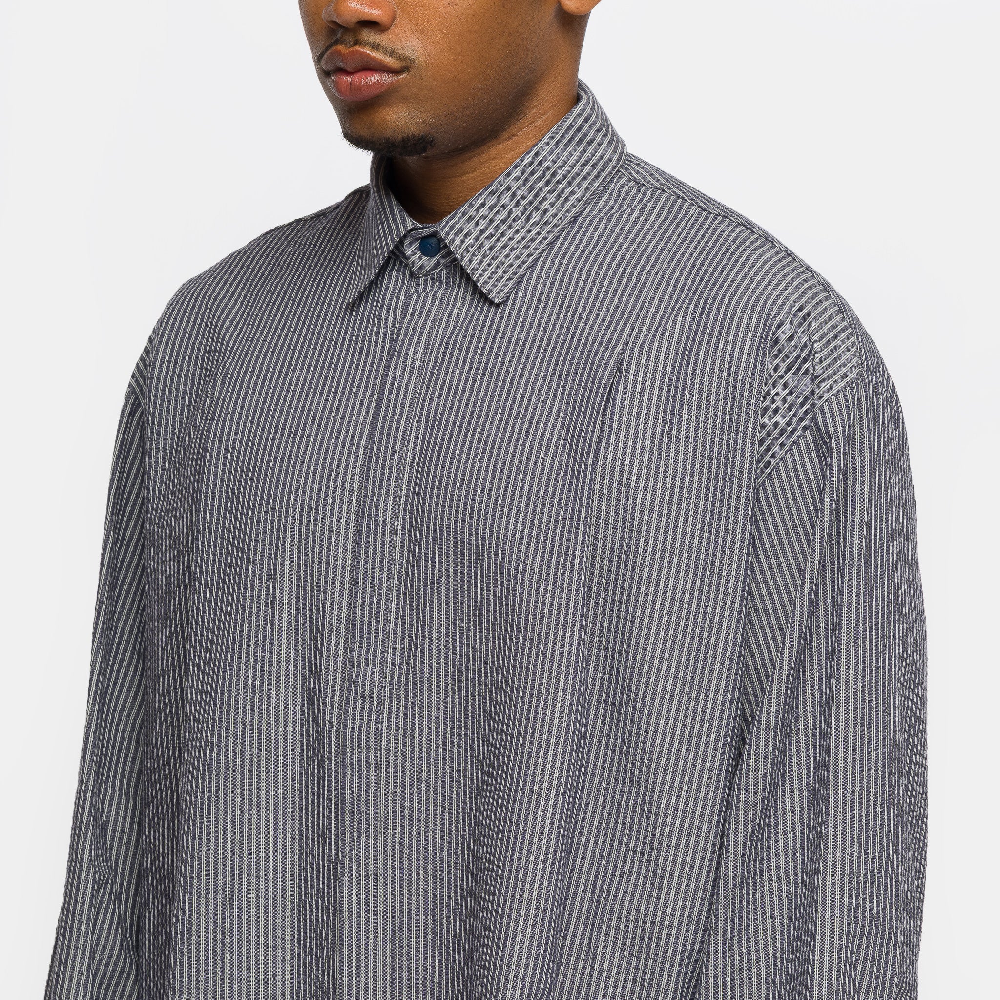 Boxy Pleated Shirt in Navy Stripe - Image 4