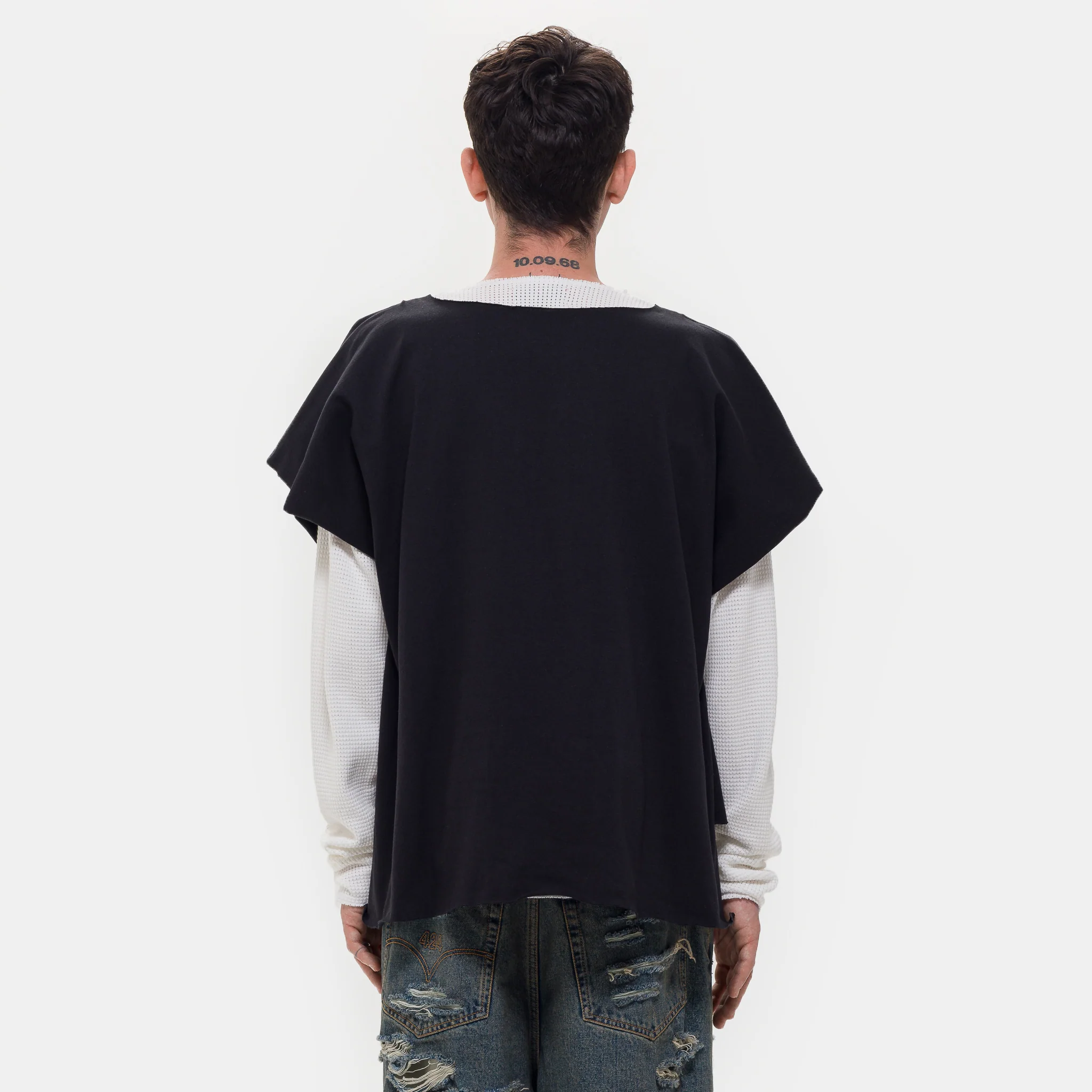 Double Layer Distressed T-Shirt in Black Washed - Image 3