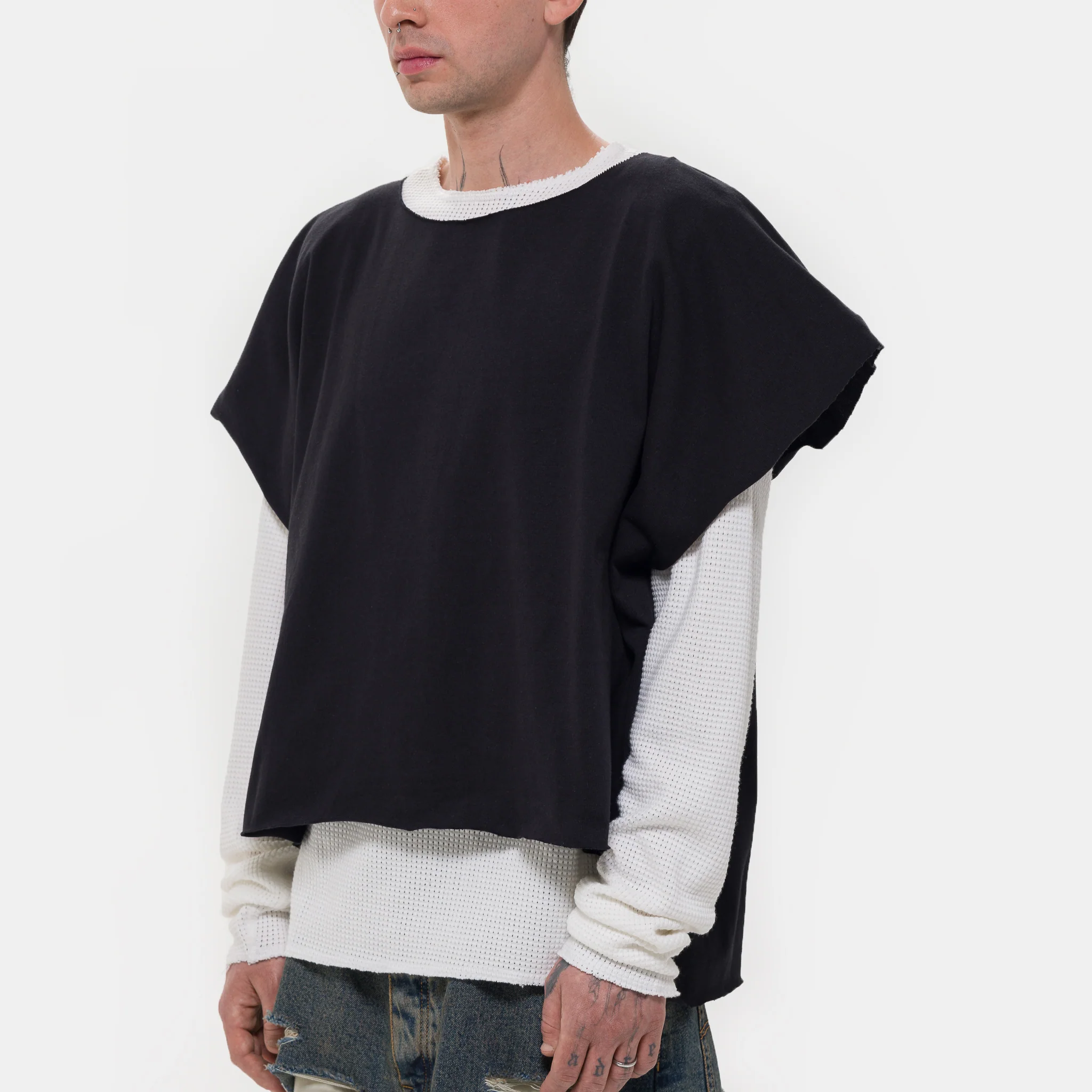 Double Layer Distressed T-Shirt in Black Washed - Image 4