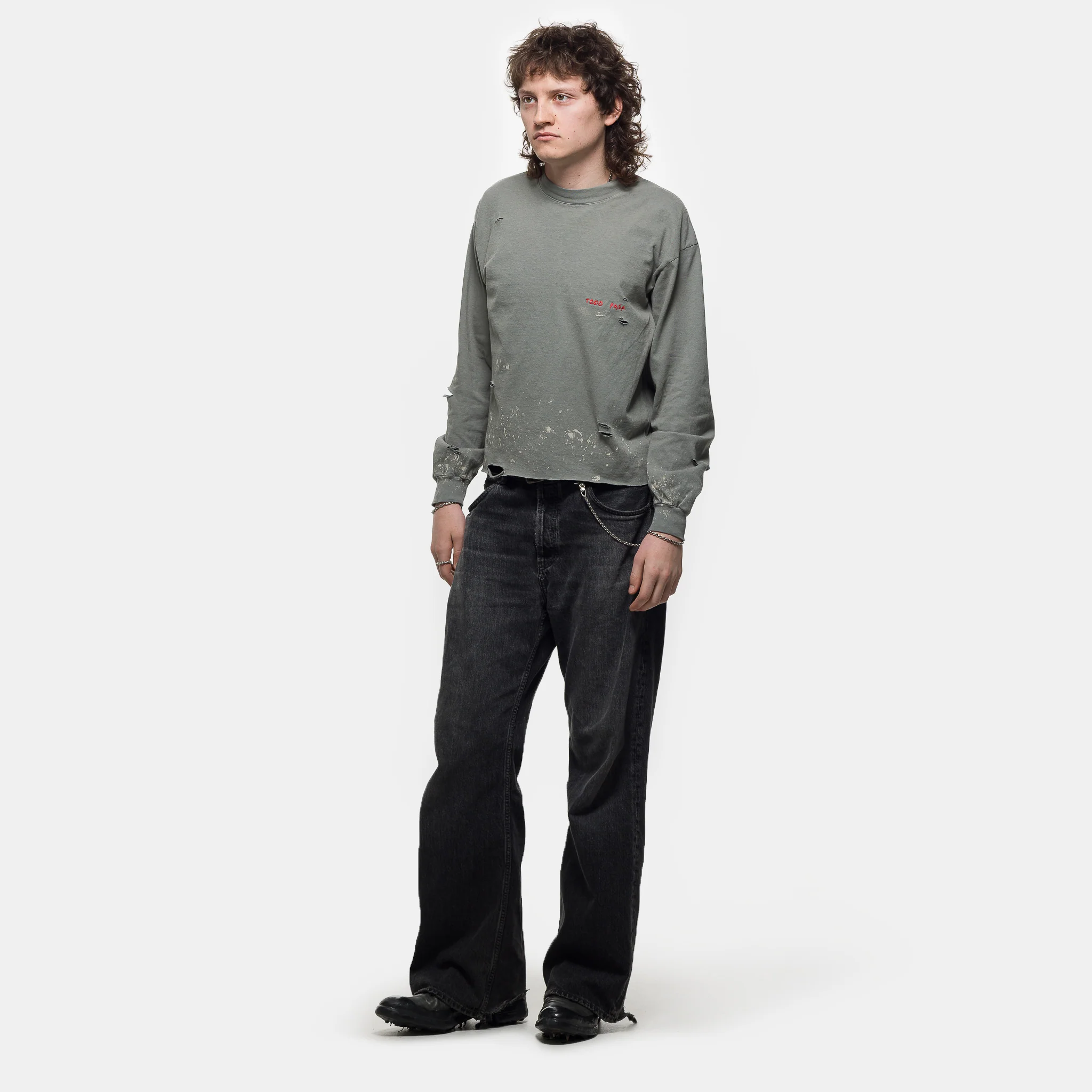 Embroidered Long Sleeve T-Shirt in Sage - Image 2