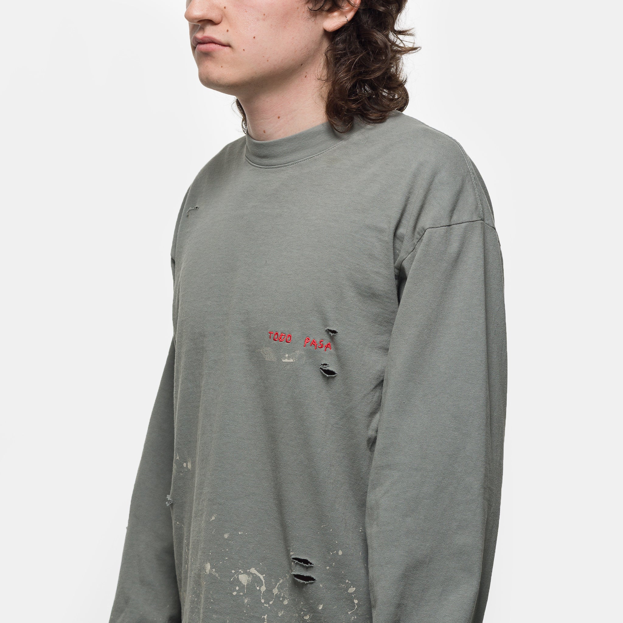 Embroidered Long Sleeve T-Shirt in Sage - Image 4