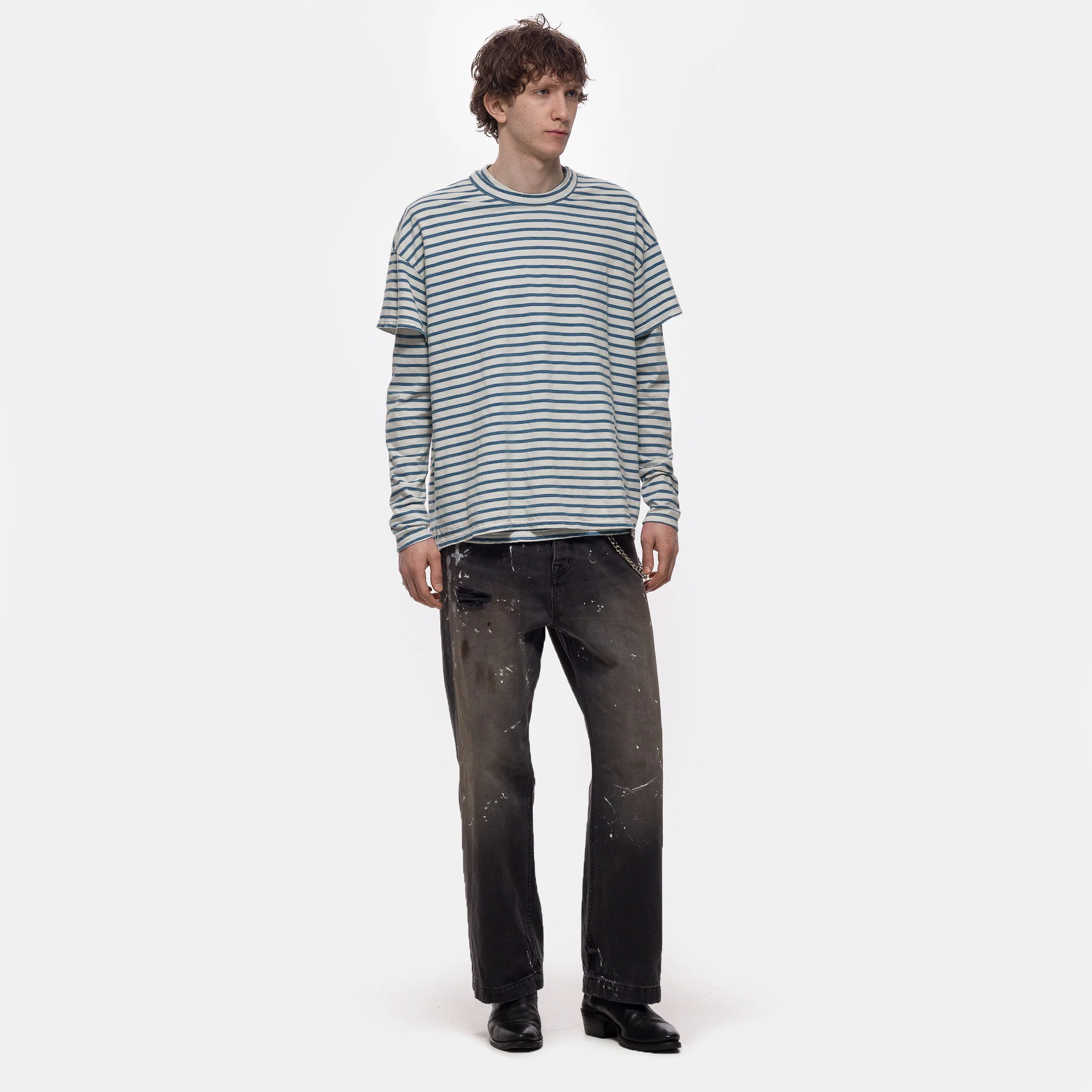 Heavyweight Binded Neck Inside Out LS T-Shirt in Ivory Stripe - Image 2