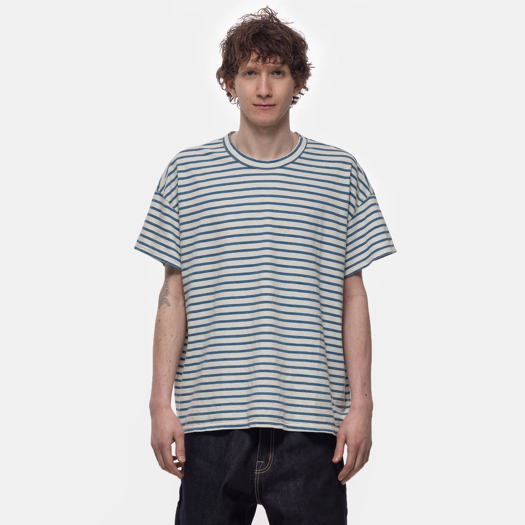 Heavyweight Binded Neck Oversized T-Shirt in Ivory Stripe