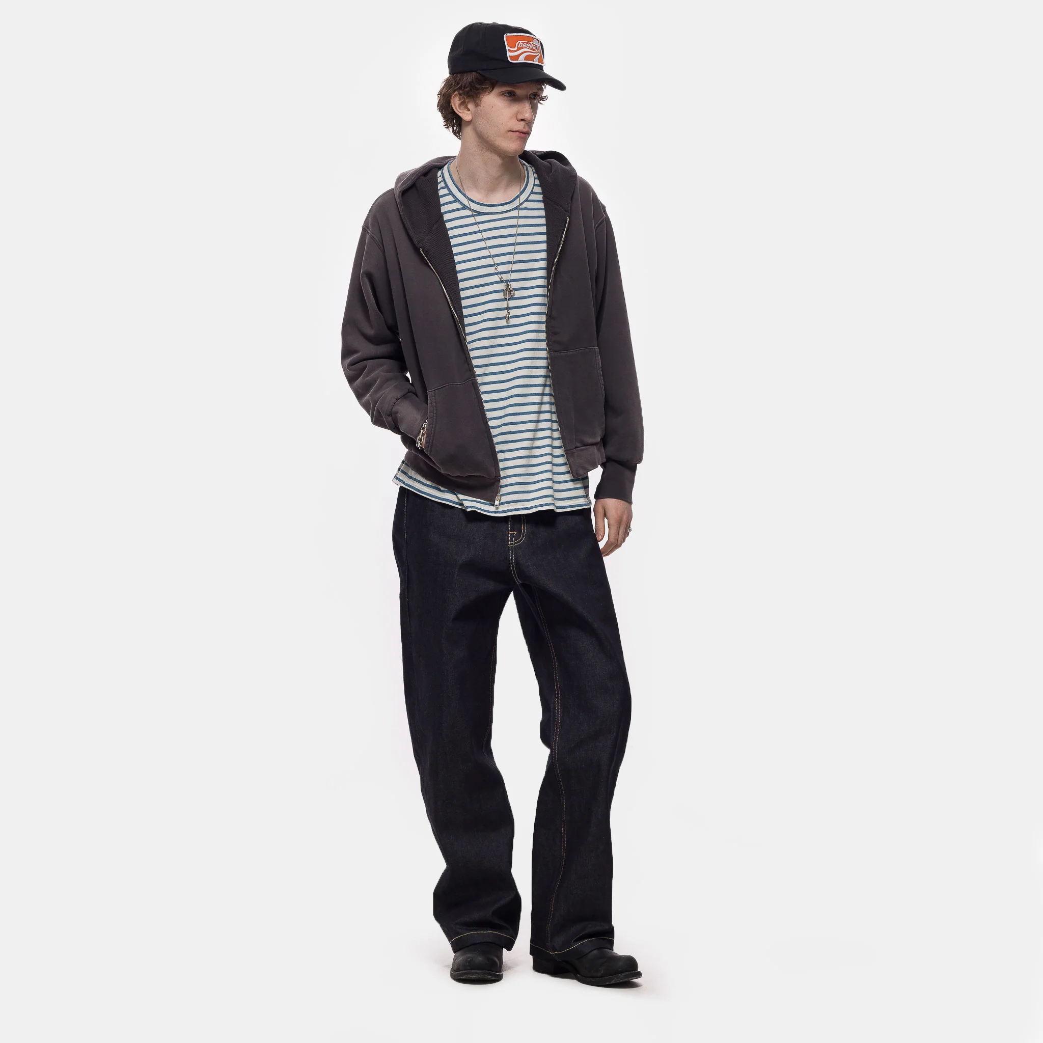 Heavyweight Binded Neck Oversized T-Shirt in Ivory Stripe - Image 2