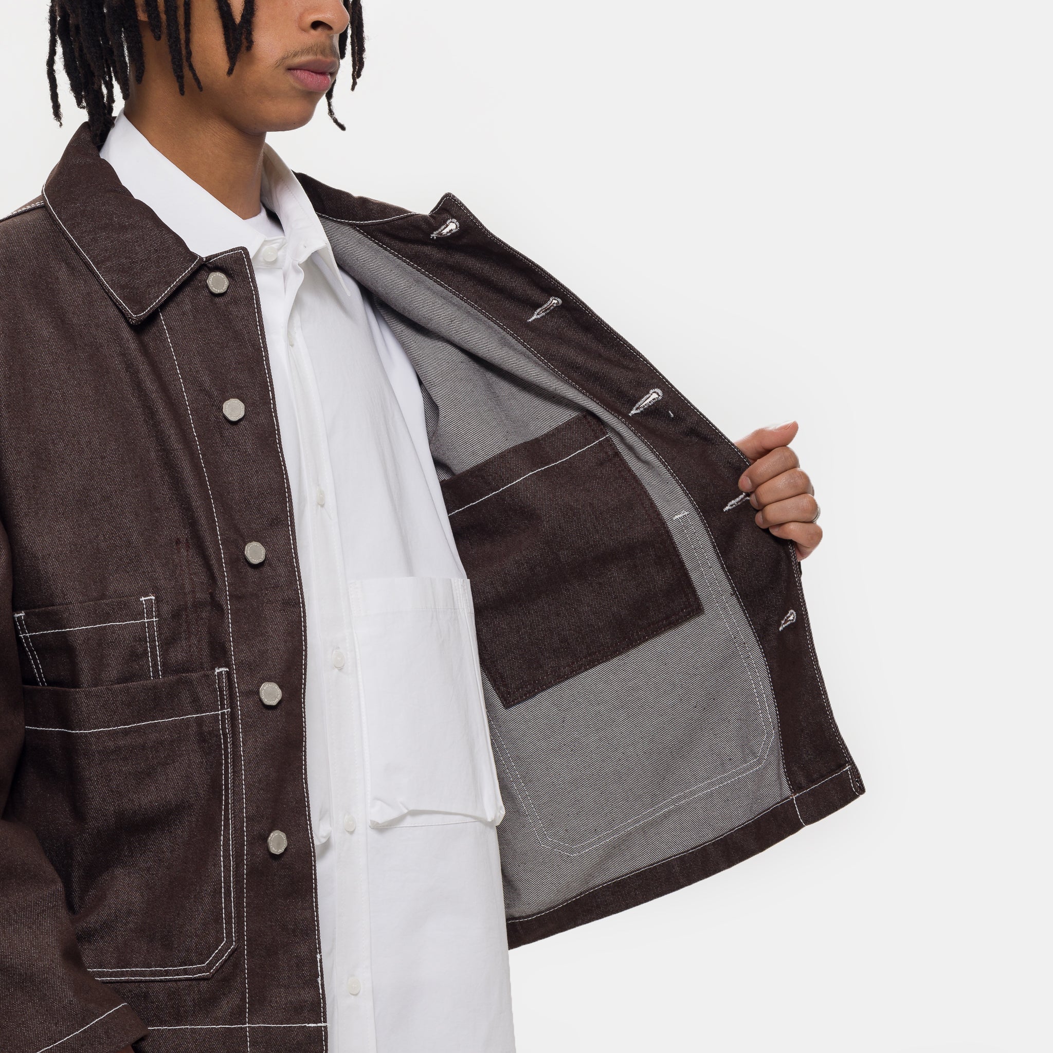 Raw-Denim Chore Jacket in Brown - Image 5