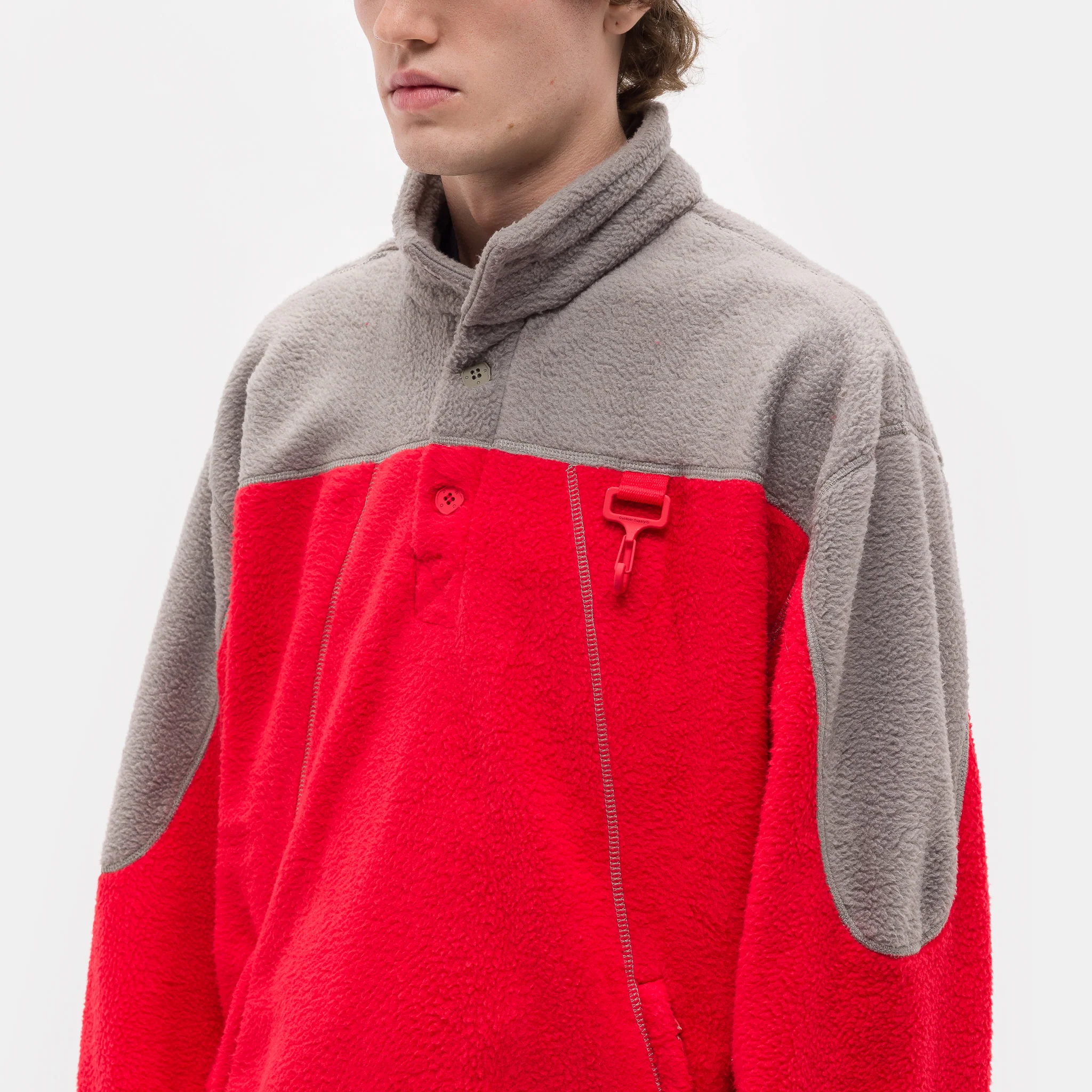 Sherpa Fleece Collared Pullover in Red/Grey - Image 4