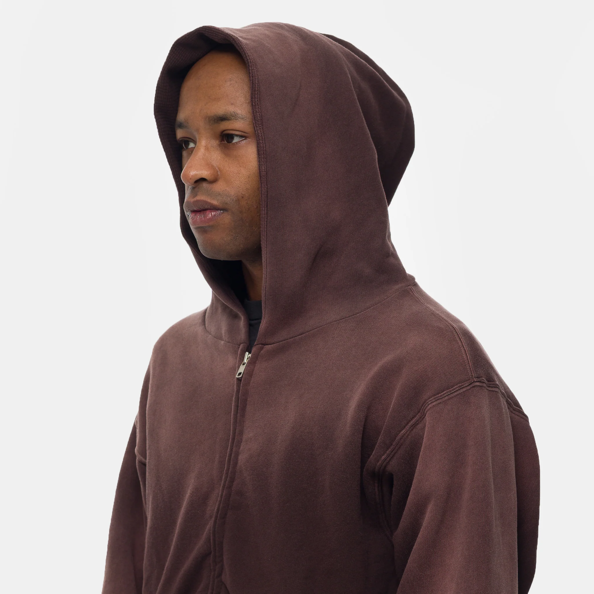 Washed Thermal Lined Zip Up Hoodie in Fig Brown - Image 4