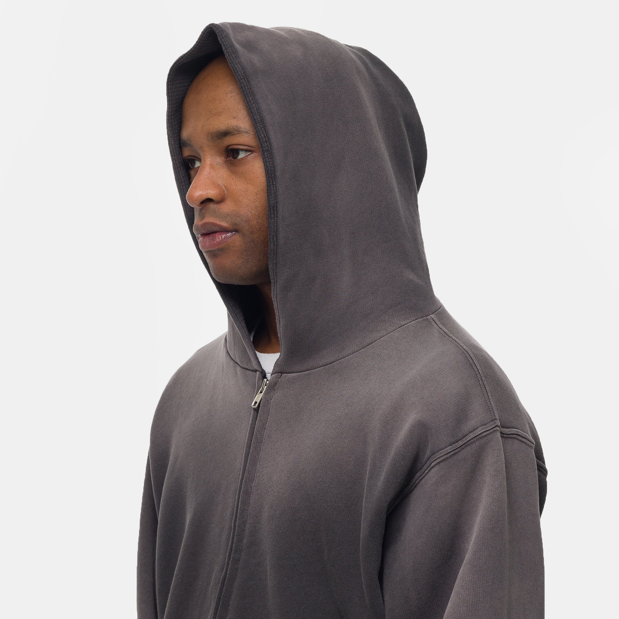 Washed Thermal Lined Zip Up Hoodie in Vintage Black - Image 4